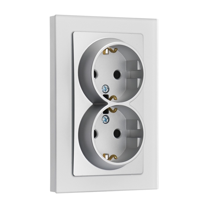 Розетка TOT Matte Glass, 16 А, стекло, скрытая, двухместная, с заземлением, серебристая