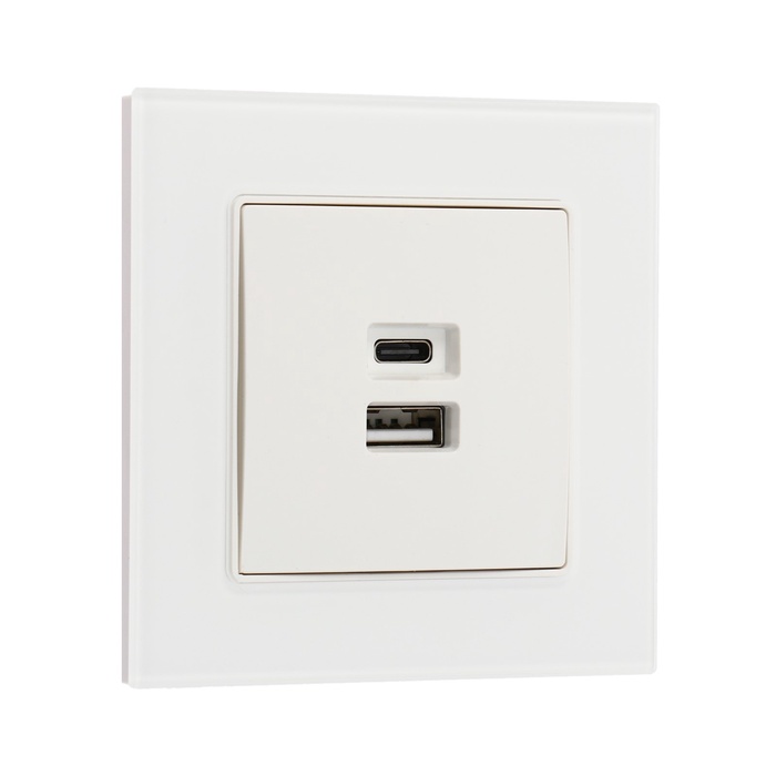 Розетка TOT Glossy Glass, 5 В, 2.1 A, разъёмы USB-A + USB-C, стекло, скрытая, белая