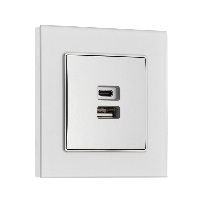 Розетка TOT Matte Glass, 5 В, 2.1 A, разъёмы USB-A + USB-C, стекло, скрытая, серебристая