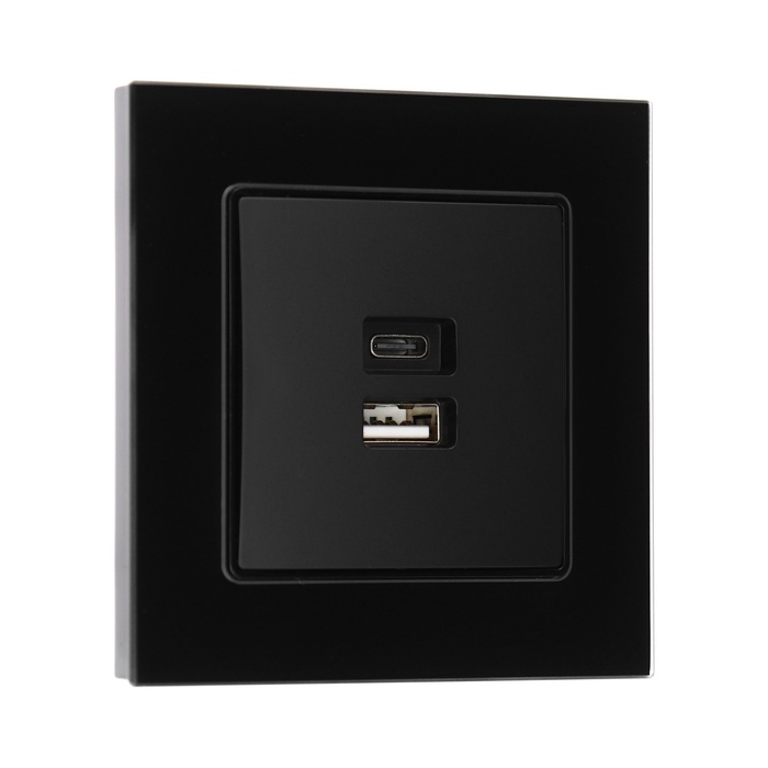 Розетка TOT Glossy Glass, 5 В, 2.1 A, разъёмы USB-A + USB-C, стекло, скрытая, чёрная