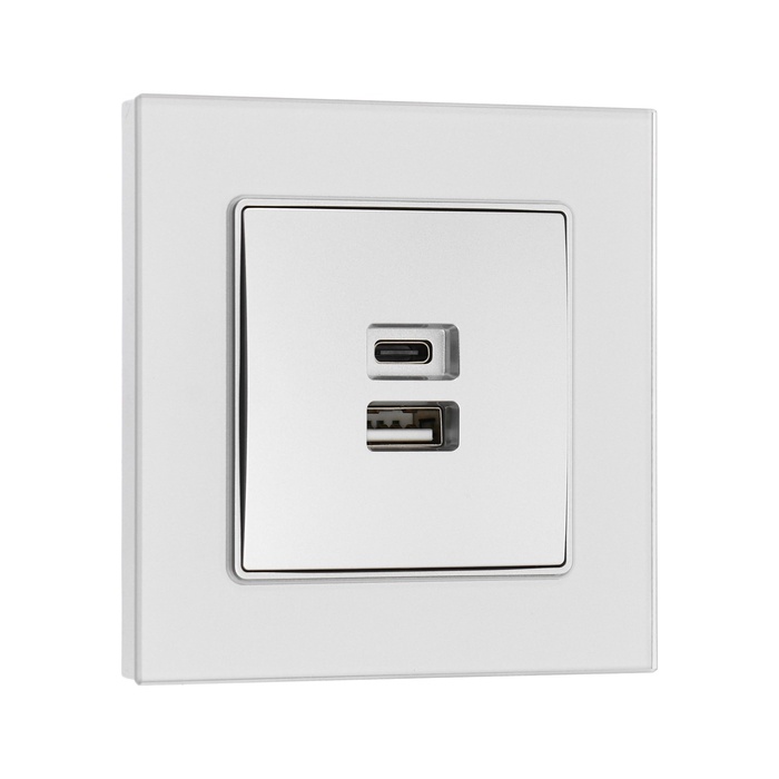 Розетка TOT Glossy Glass, 5 В, 2.1 A, разъёмы USB-A + USB-C, стекло, скрытая, серебристая